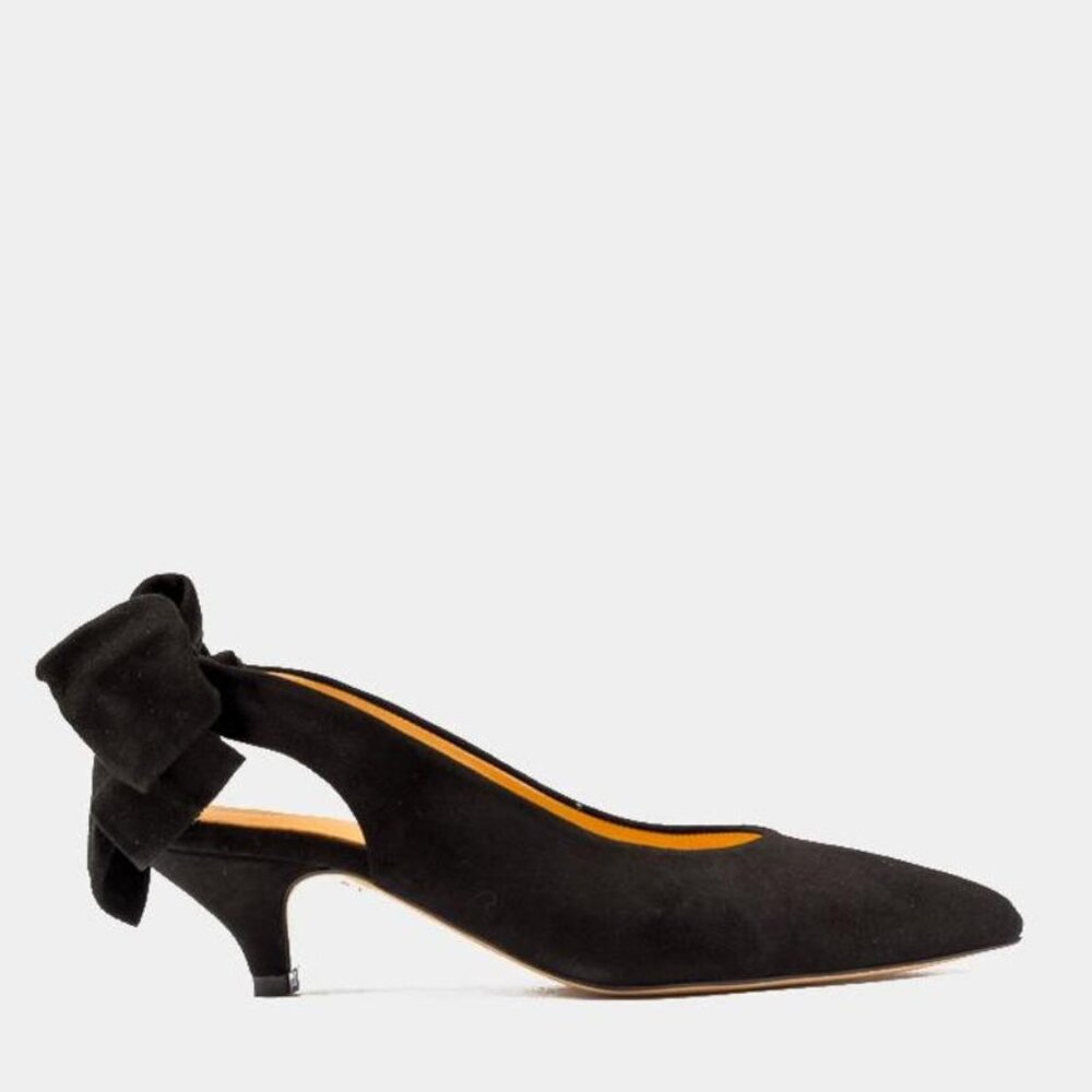 Ganni Sabine Black Suede Slingback Low Kitten Heel Bow Detail Point 38 US 8